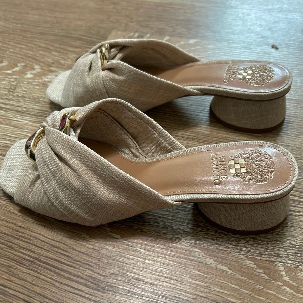 Vince Camuto Liane Natural Linen Raffia Slide Sandals Gold Ring Round Heel New 9 - Picture 7 of 14